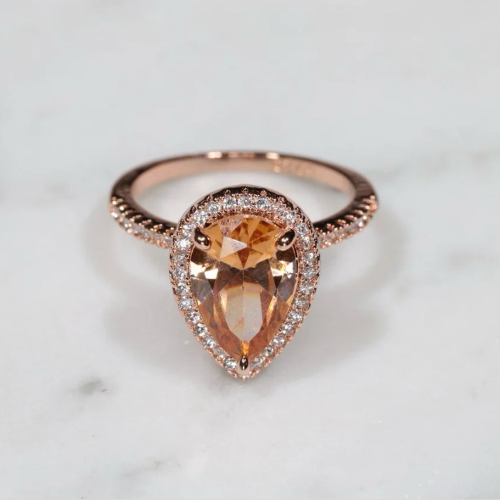 Pear Shape Peach Morganite & White Simulated Diamond Halo Ring - Picture 5 of 5